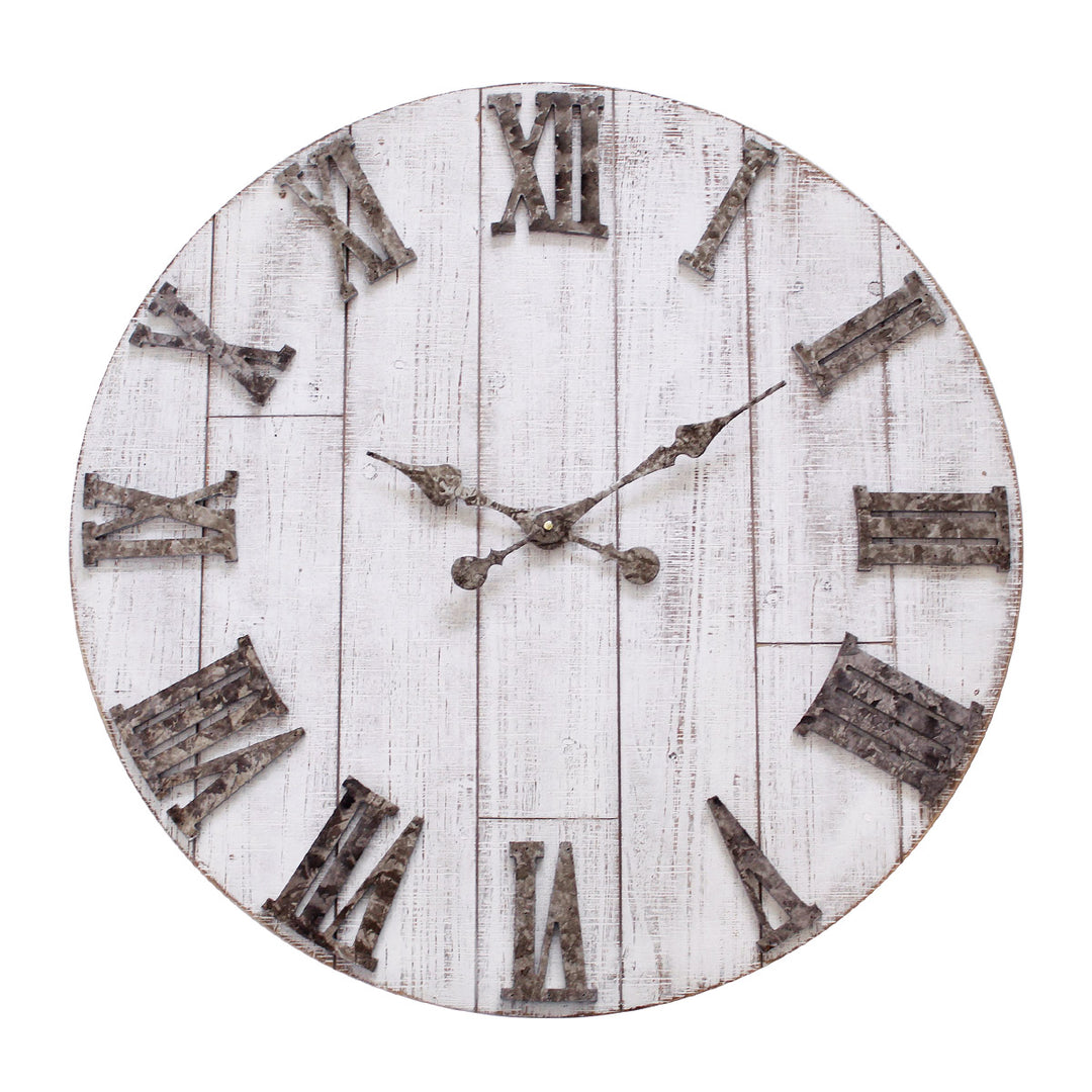 Rustic wood wall clock with metal roman numerals on white background.