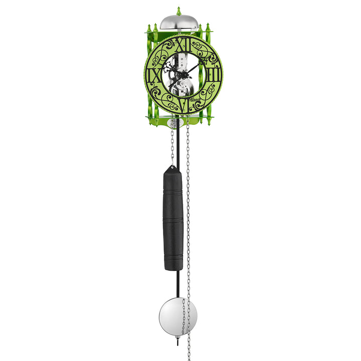 Green skeleton clock with intricate face, visible gears and silver pendulum on white 