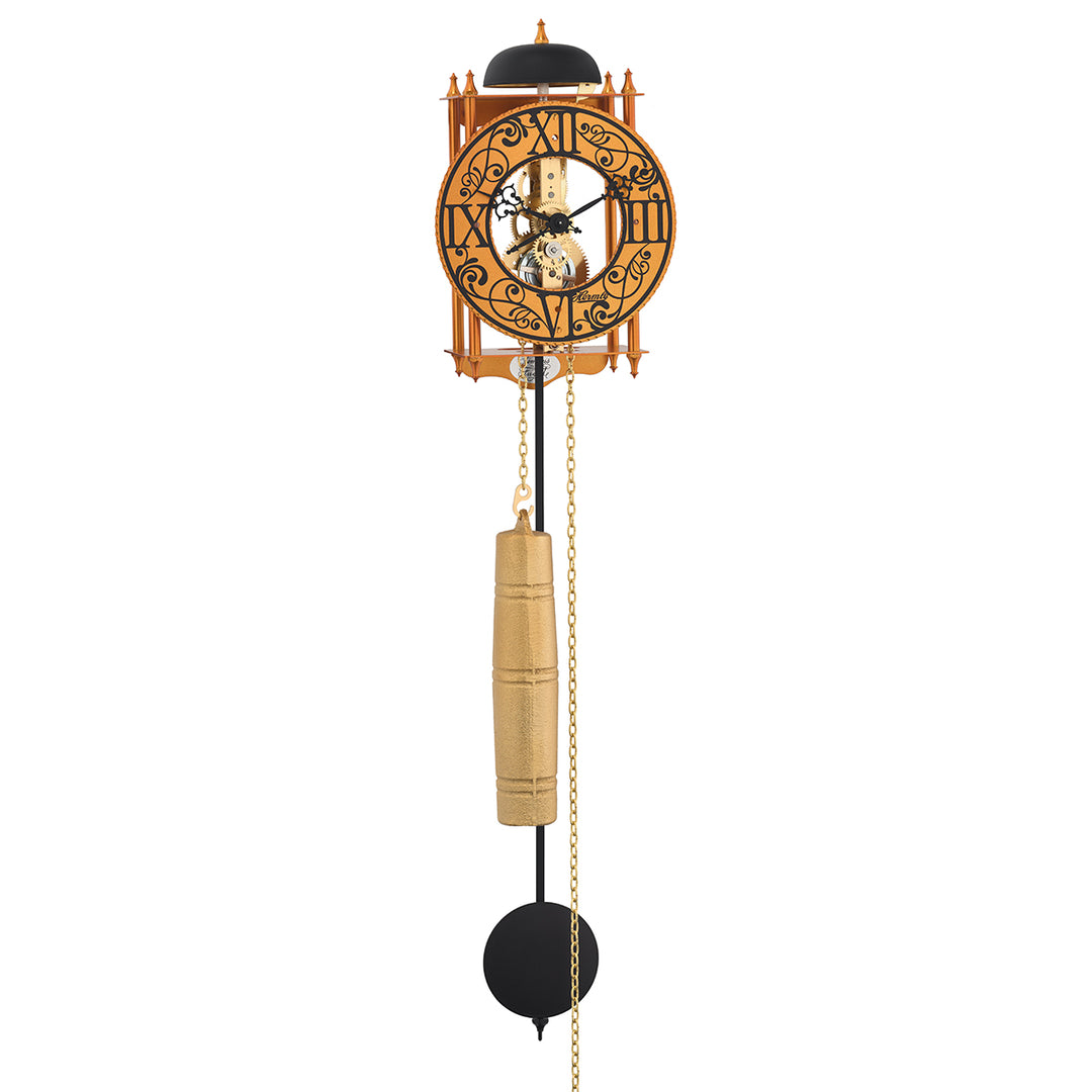 Orange skeleton clock with intricate face and black pendulum on white