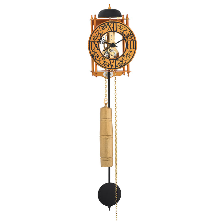 Orange skeleton clock with intricate face and black pendulum on white