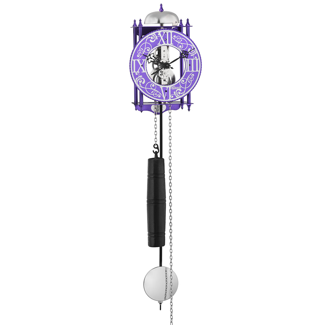 Purple skeleton clock with intricate face, black weight and silver pendulum on white 