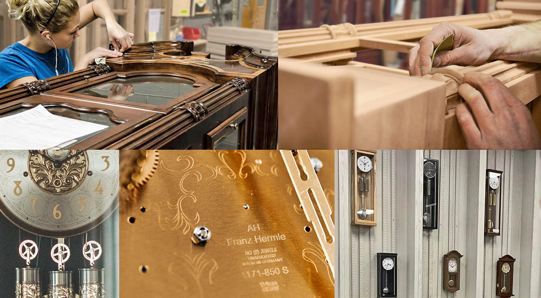 Collage of clock-making process including assembly, close-up of hands, clock face, and clock mechanism.