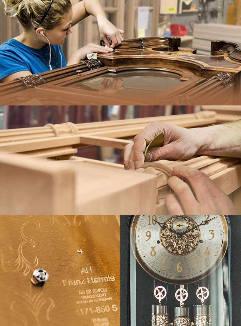 Collage of clock-making process including assembly, close-up of hands, clock face, and clock mechanism.