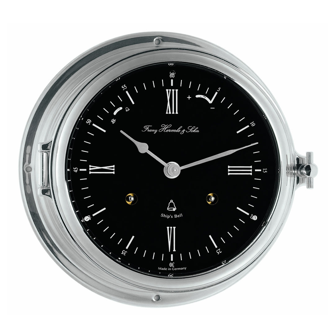 Classic ship's bell clock in nickel with black dial, by Hermle - based on maritime history