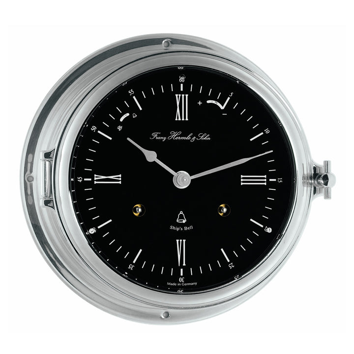 Classic ship's bell clock in nickel with black dial, by Hermle - based on maritime history