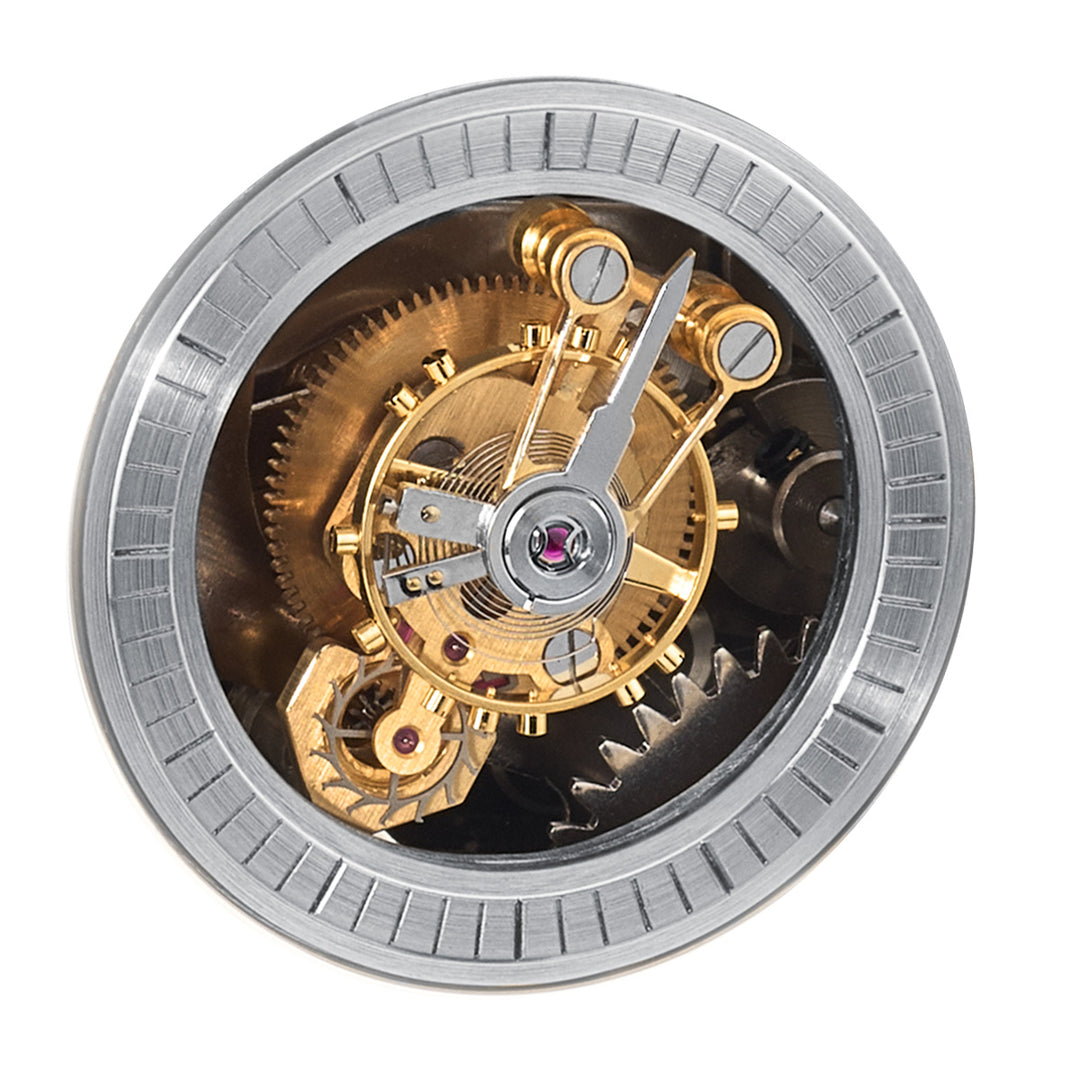 Close-up of gears and mechanics of a tourbillon clock escapement.
