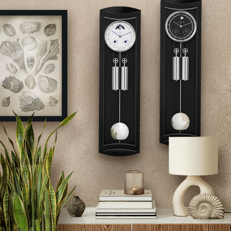 Mornington 2 - regulator clock in two styles, in living room scene with other decor.