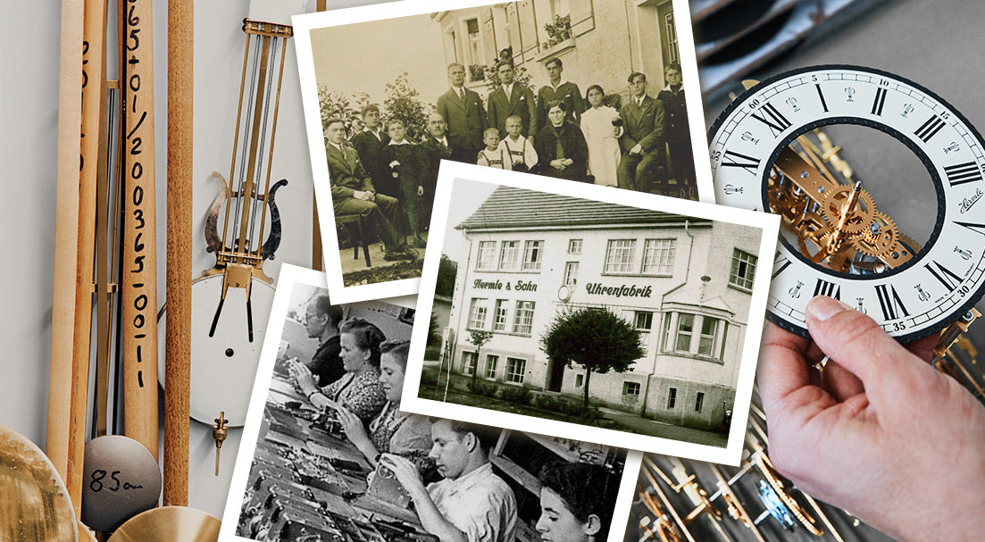 Collage of historical photos of the Hermle clock company with images of the clock-making process