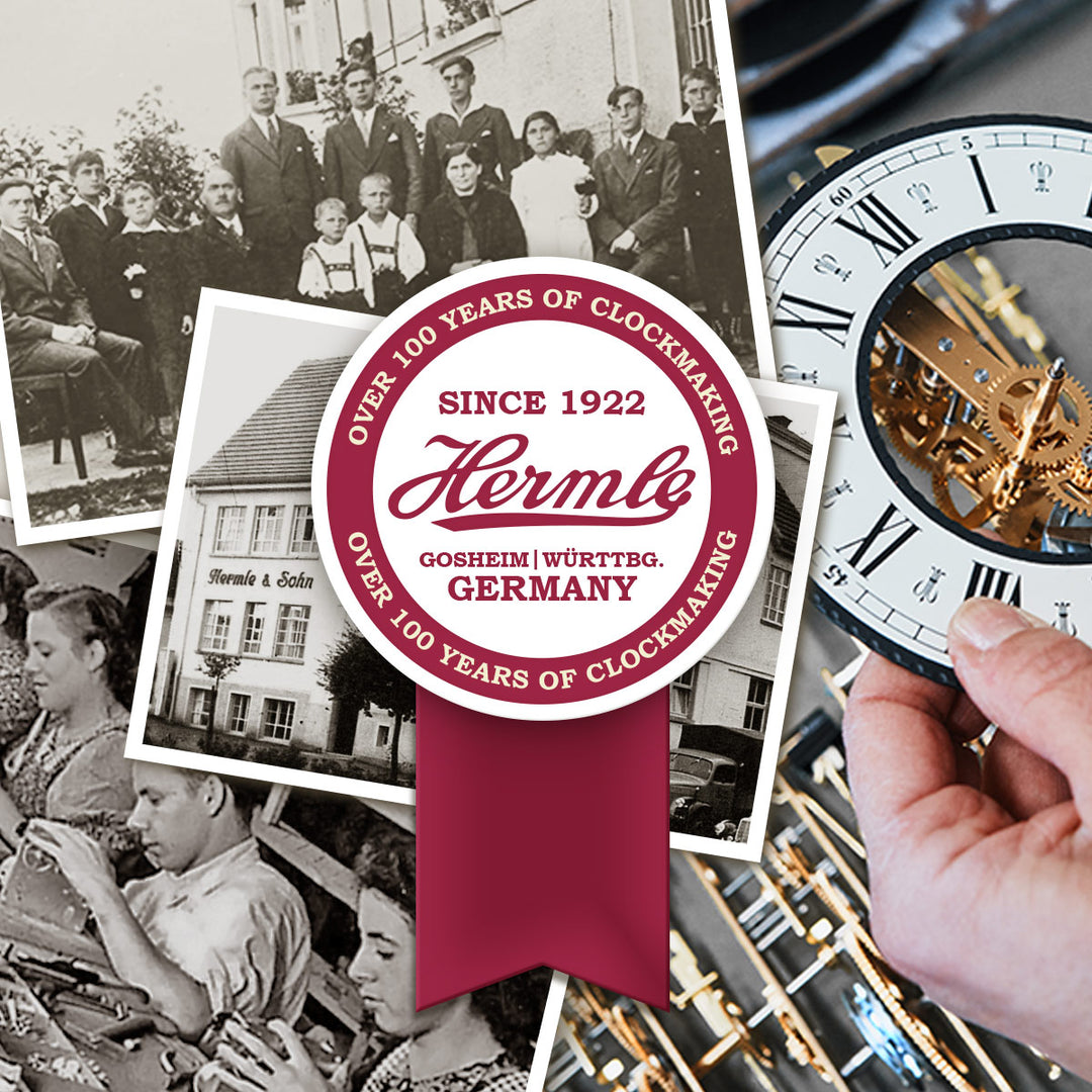 Hermle logo and vintage photos of clockmaking - a family business founded in Germany in 1922