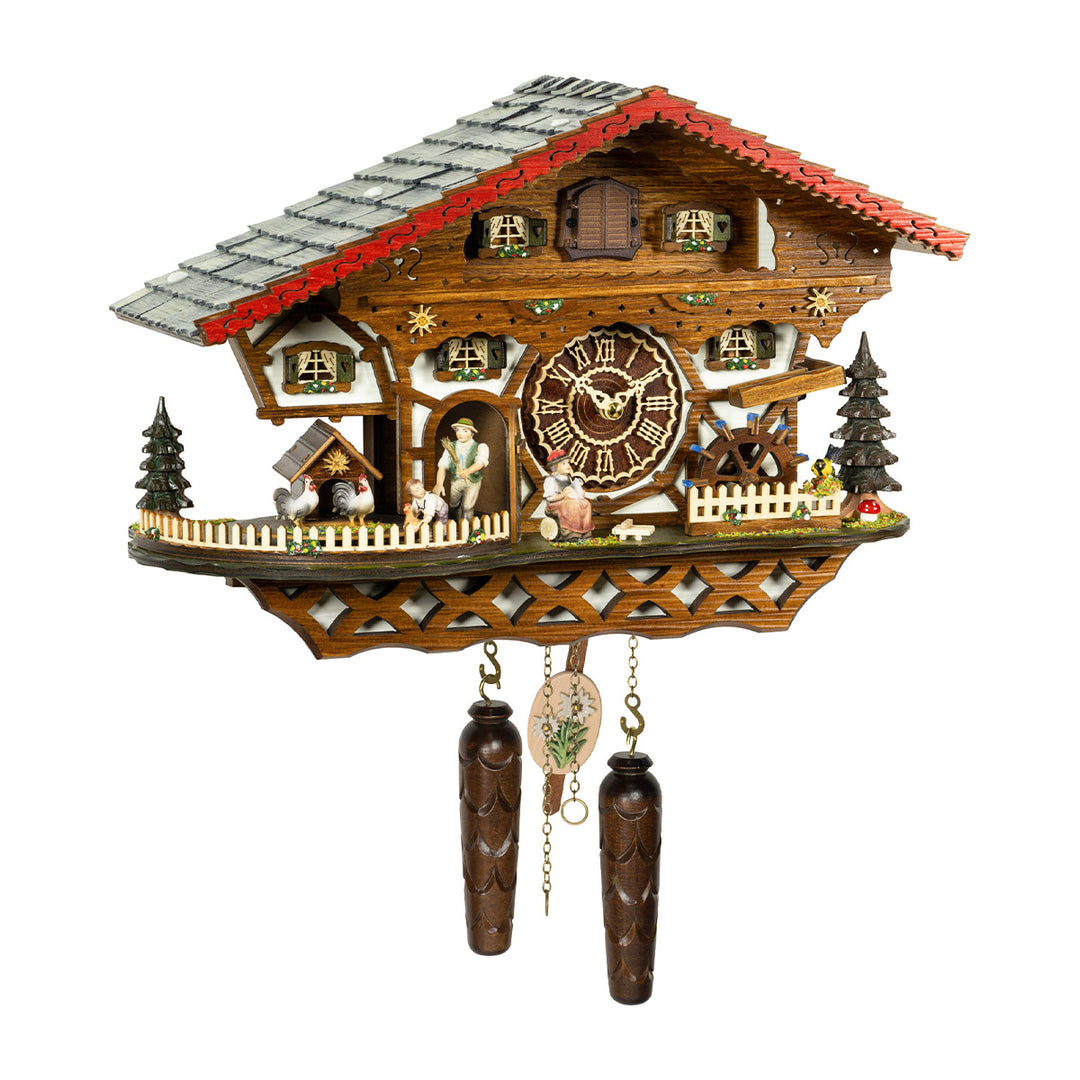 Wooden cuckoo clock with green shutters, chicken and farmer figurines on white background.