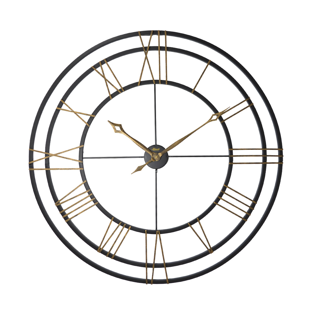 Metal round wall clock with black frame and gold Roman numerals on a white background