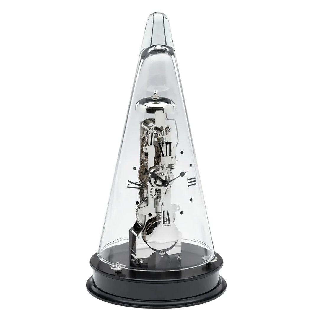 Conical mechanical clock with silver gearing visible beneath glass dome, sitting on black base