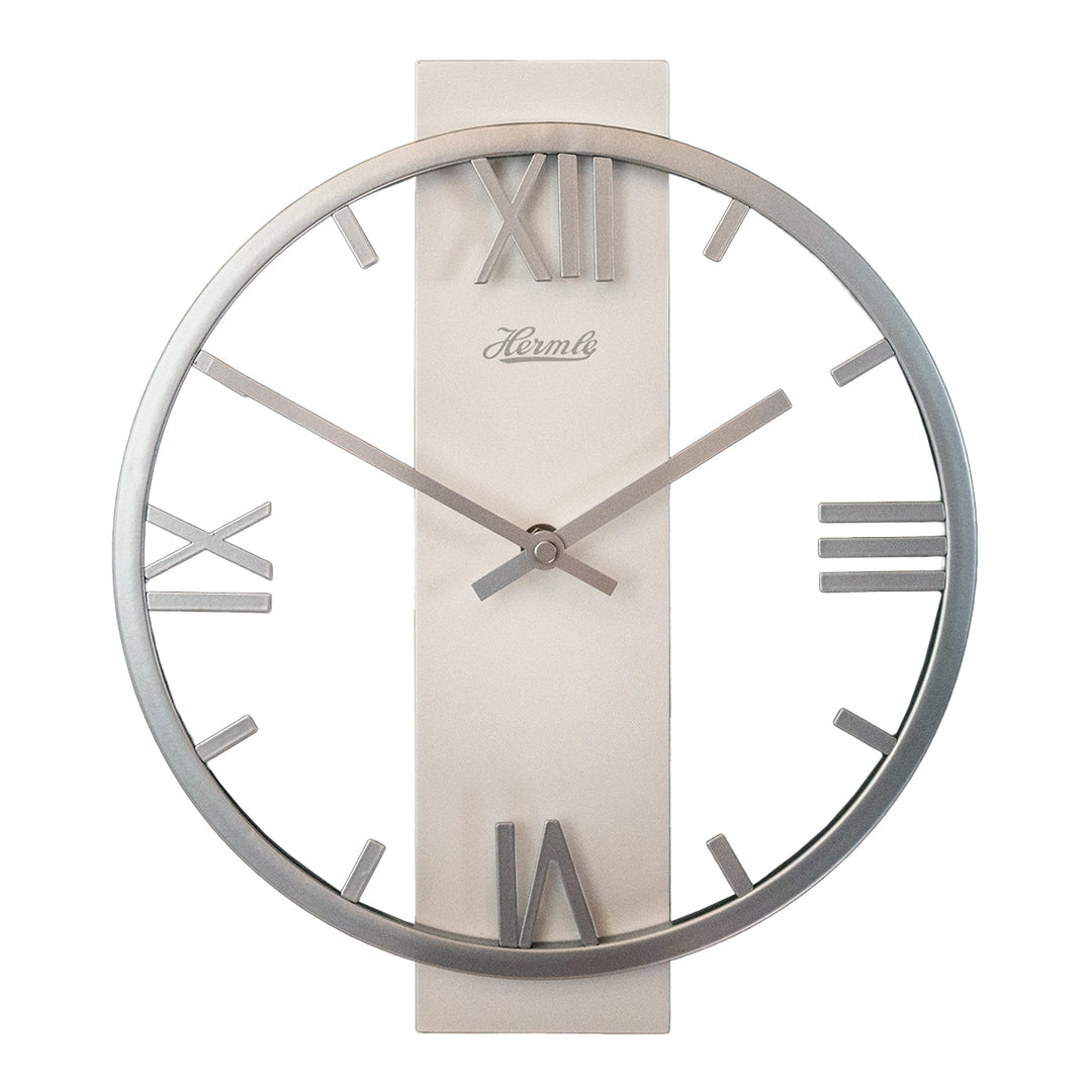 Metal clock with roman numerals, Hermle logo and open frame design on white background.