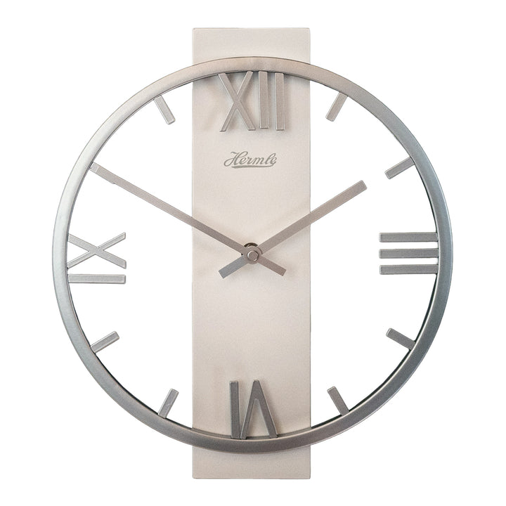 Metal clock with roman numerals, Hermle logo and open frame design on white background.