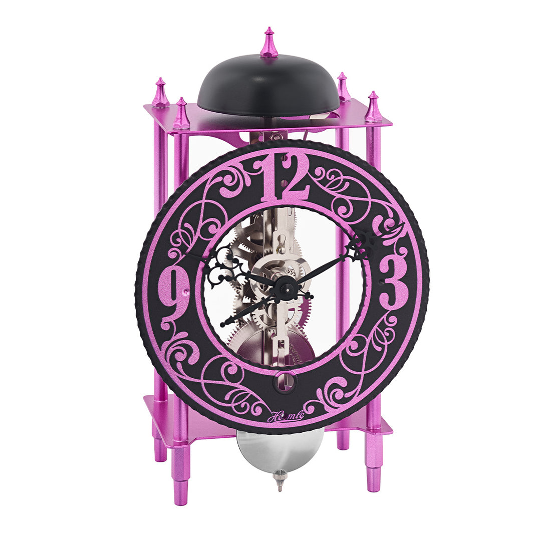 Purple skeleton desk clock with black bell and exposed silver gears on white background.