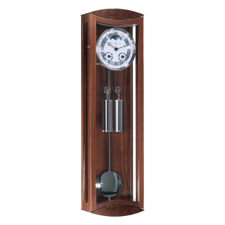 Mahogany wood and silver wall clock with blue moon dial, pendulum and dual weights on white background.