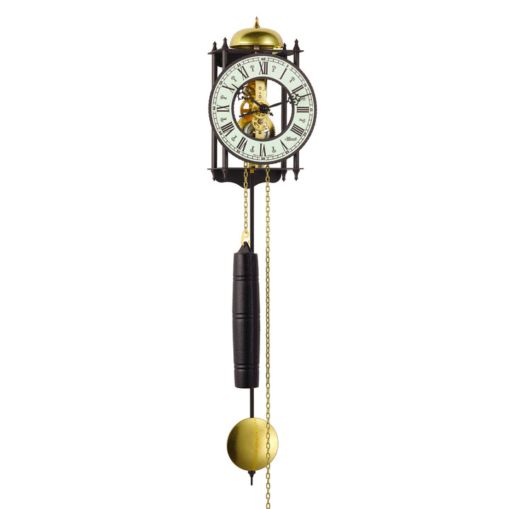 Black skeleton clock with brass mechanical movement and black weight on white background