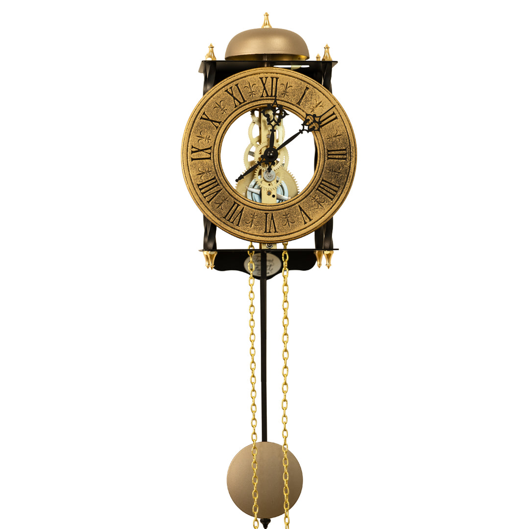 Black skeleton clock with antique-style brass face and etched roman numerals on white background.