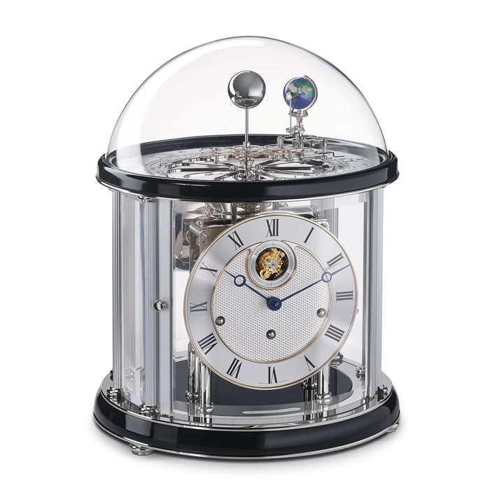 Nickel plated Tellurium with sun and earth gears visible under glass dome and Black highlight rings circle the top and bottom on white background.