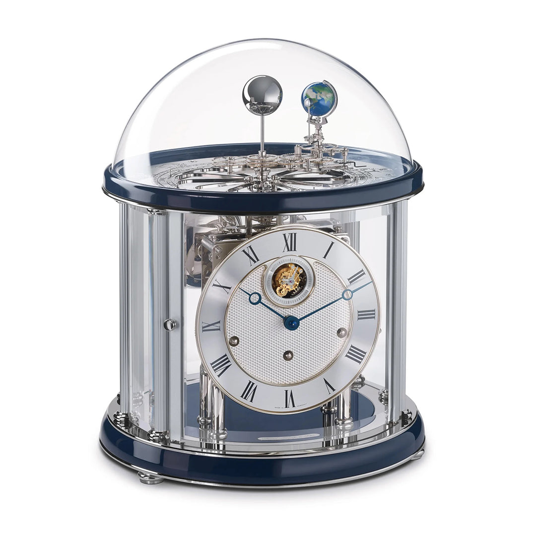 Nickel plated Tellurium with sun and earth gears visible under glass dome and Blue highlight rings circle the top and bottom on white background.