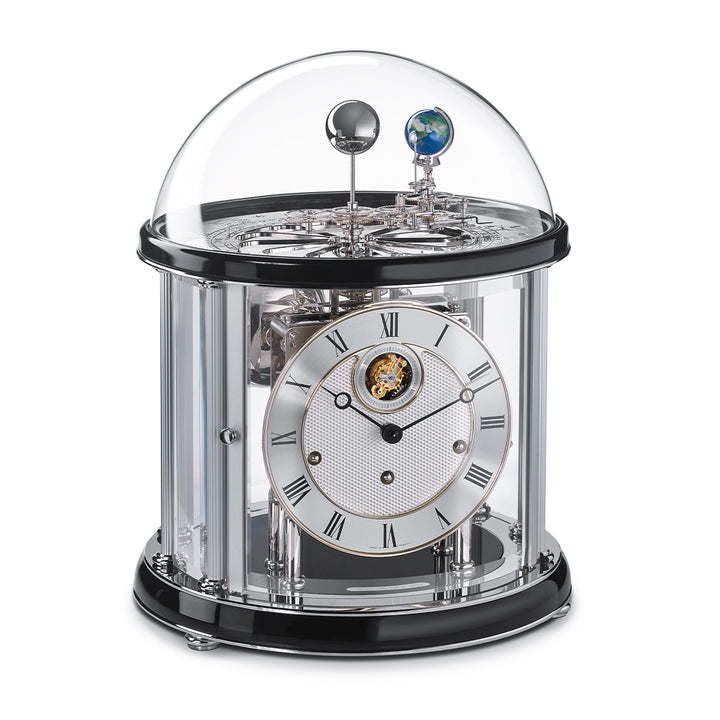 Nickel plated Tellurium with sun and earth gears visible under glass dome and Black highlight rings circle the top and bottom on white background.