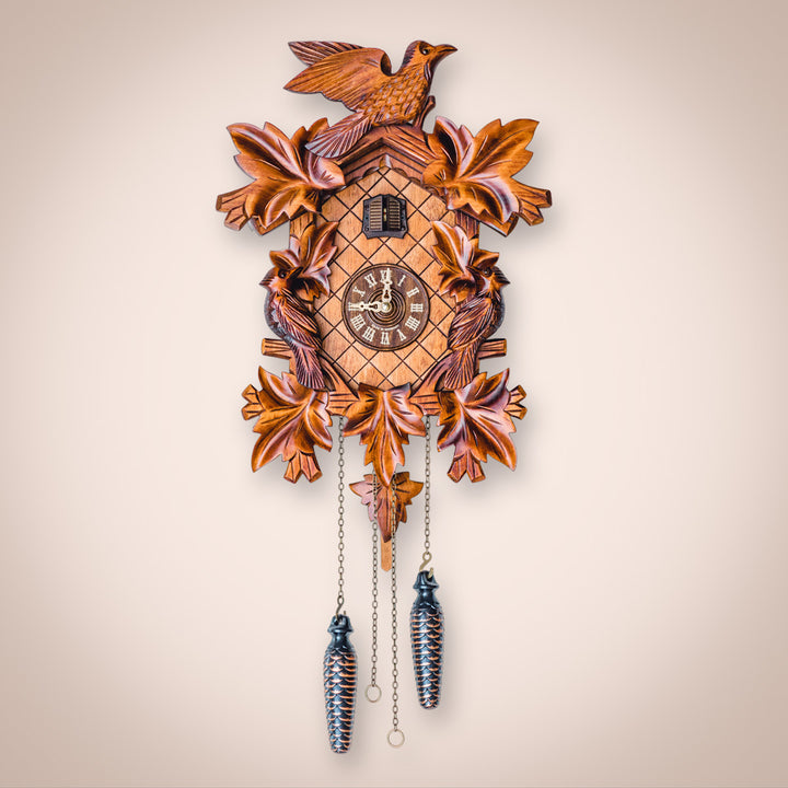Cuckoo clock hanging on white wall in  bedroom