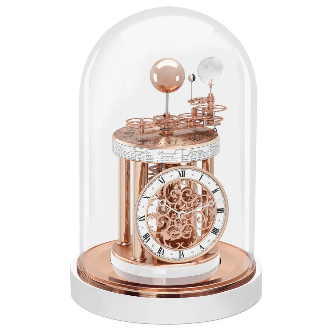 Decorative Rose Gold Astrolabium clock with intricate design under a glass dome on a white background