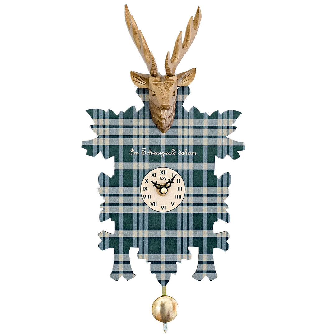 Cuckoo clock with deer head and plaid design on a white background