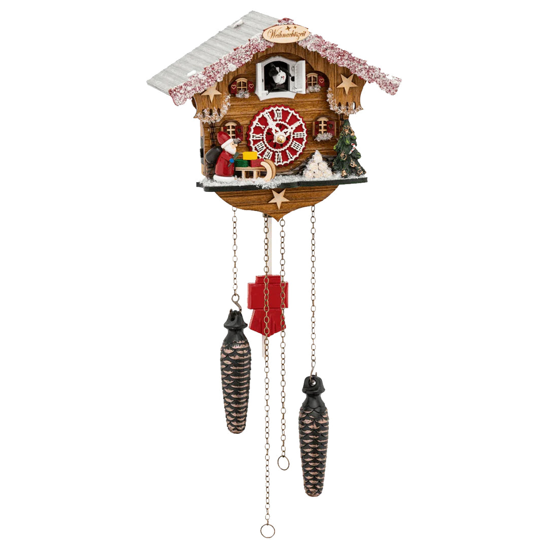 Decorative Christmas themed cuckoo clock with wooden house design on a white background