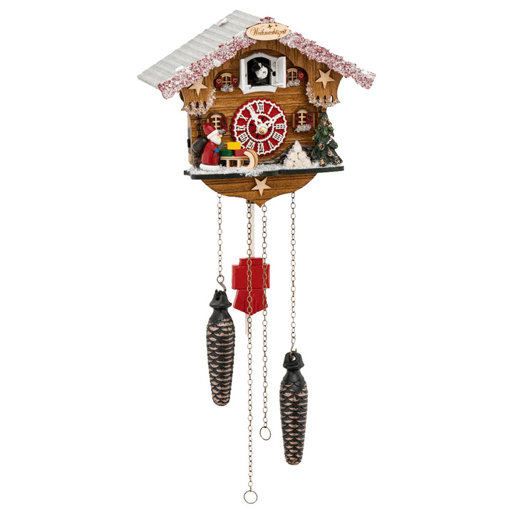 Decorative Christmas themed cuckoo clock with wooden house design on a white background