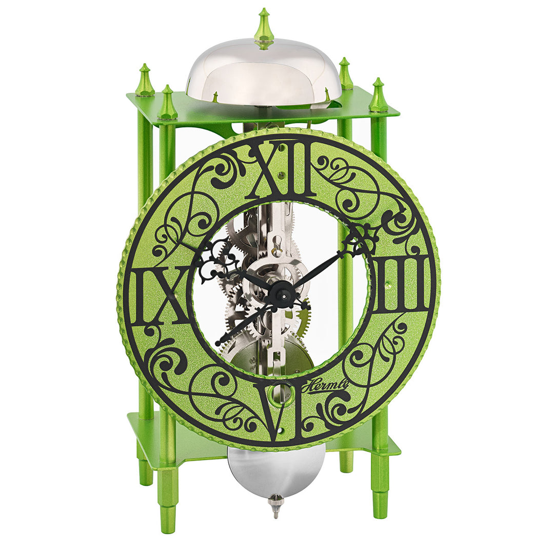 Fantastical desk clock with colorful green frame and silver gears on a white background