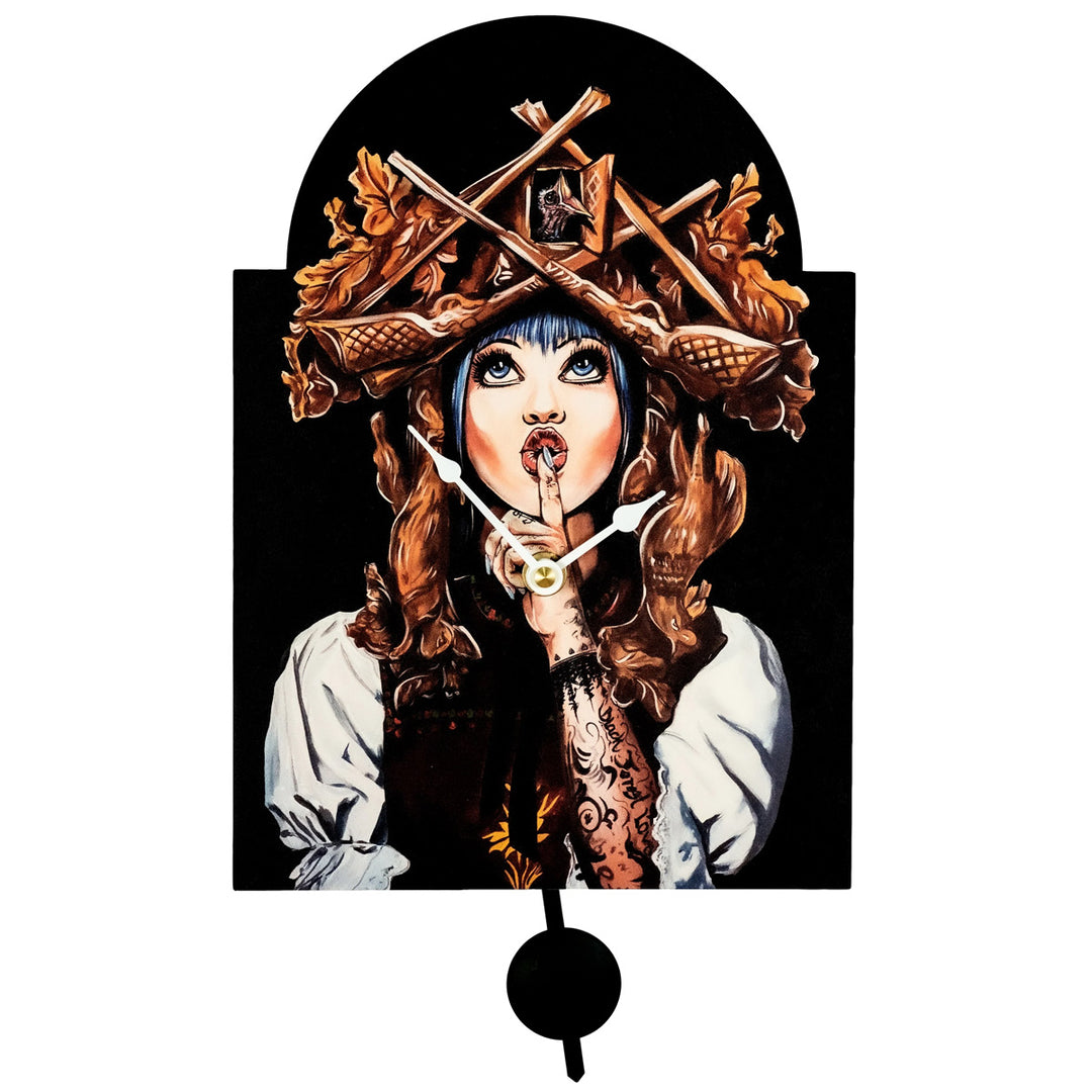 Fantasy cuckoo clock with picture of woman on face of clock. Product title: Raven