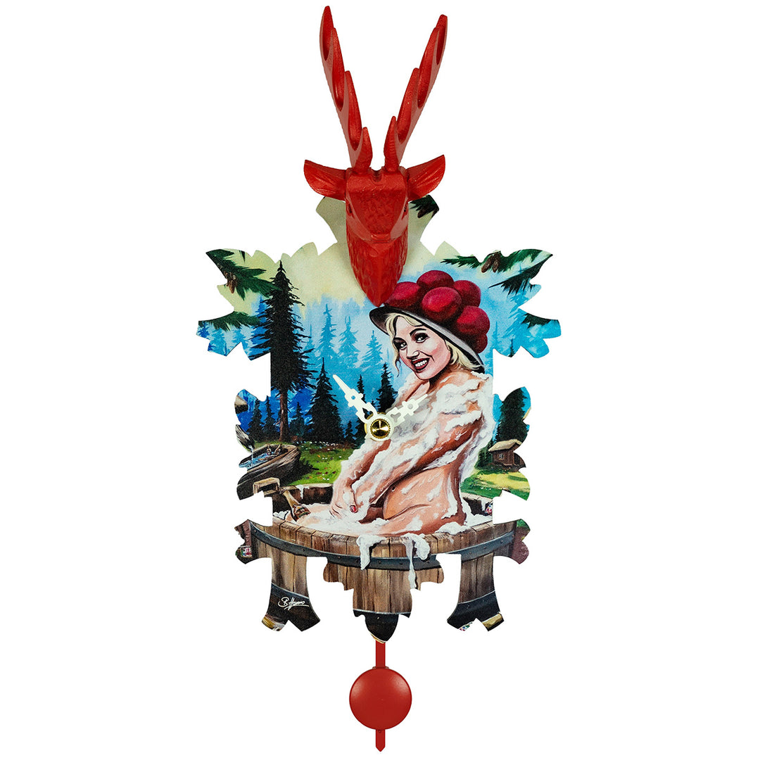 Decorative faux cuckoo  clock with a reindeer and scenic design with German woman on a white background