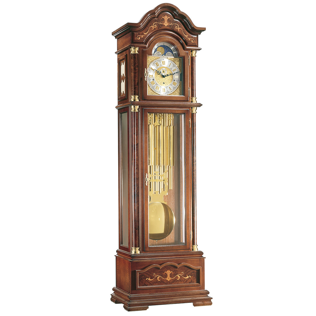 Wooden grandfather clock with detailed design, on a white background