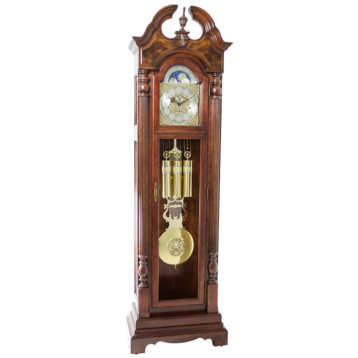 Wooden Blakely grandfather clock by Hermle with chime on a white background