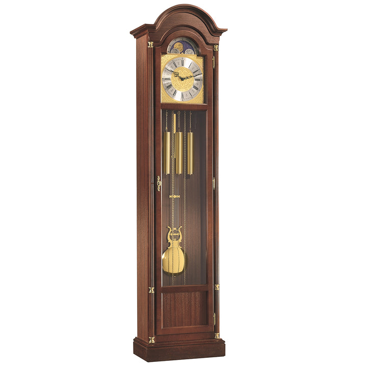 Wooden Longwood grandfather clock by Hermle with pendulum and glass front on a white background