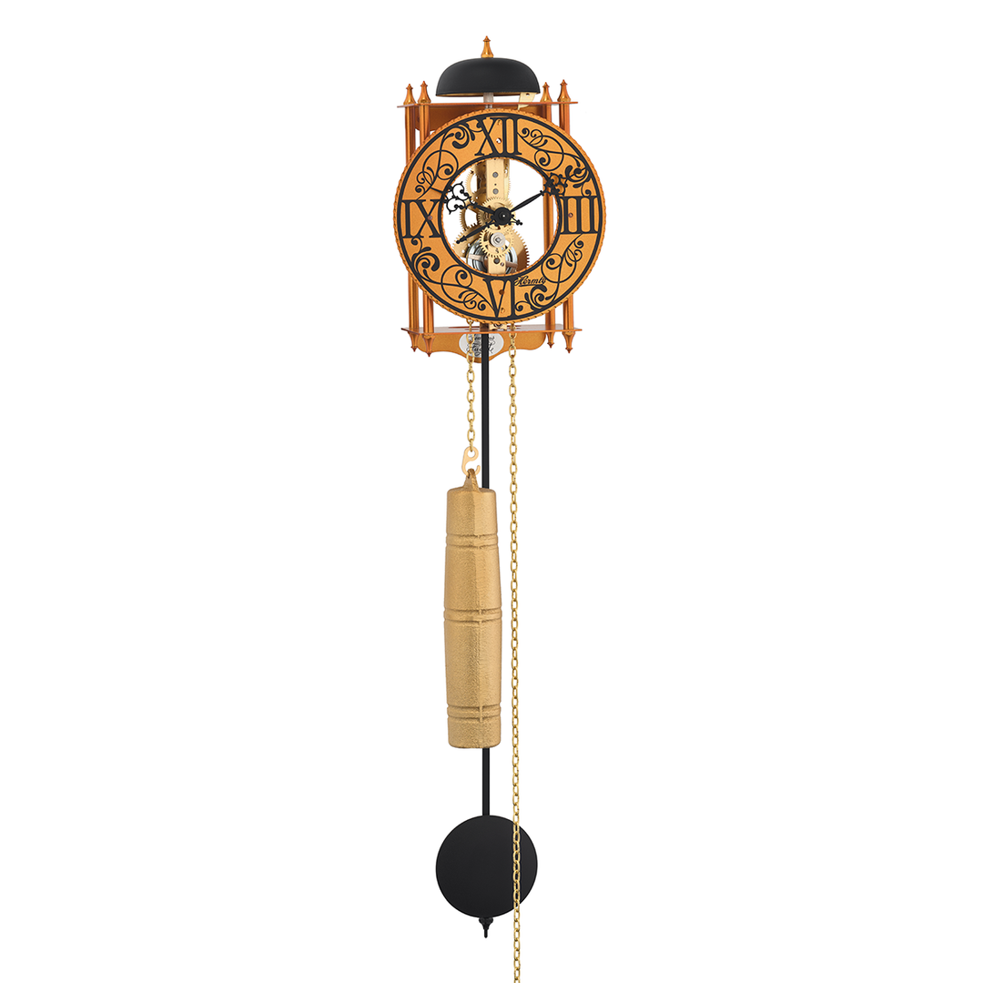 Decorative wall clock with pendulum on a white background