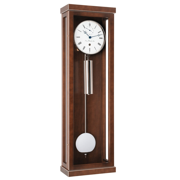 Quality wooden wall clock with a white face on a white background