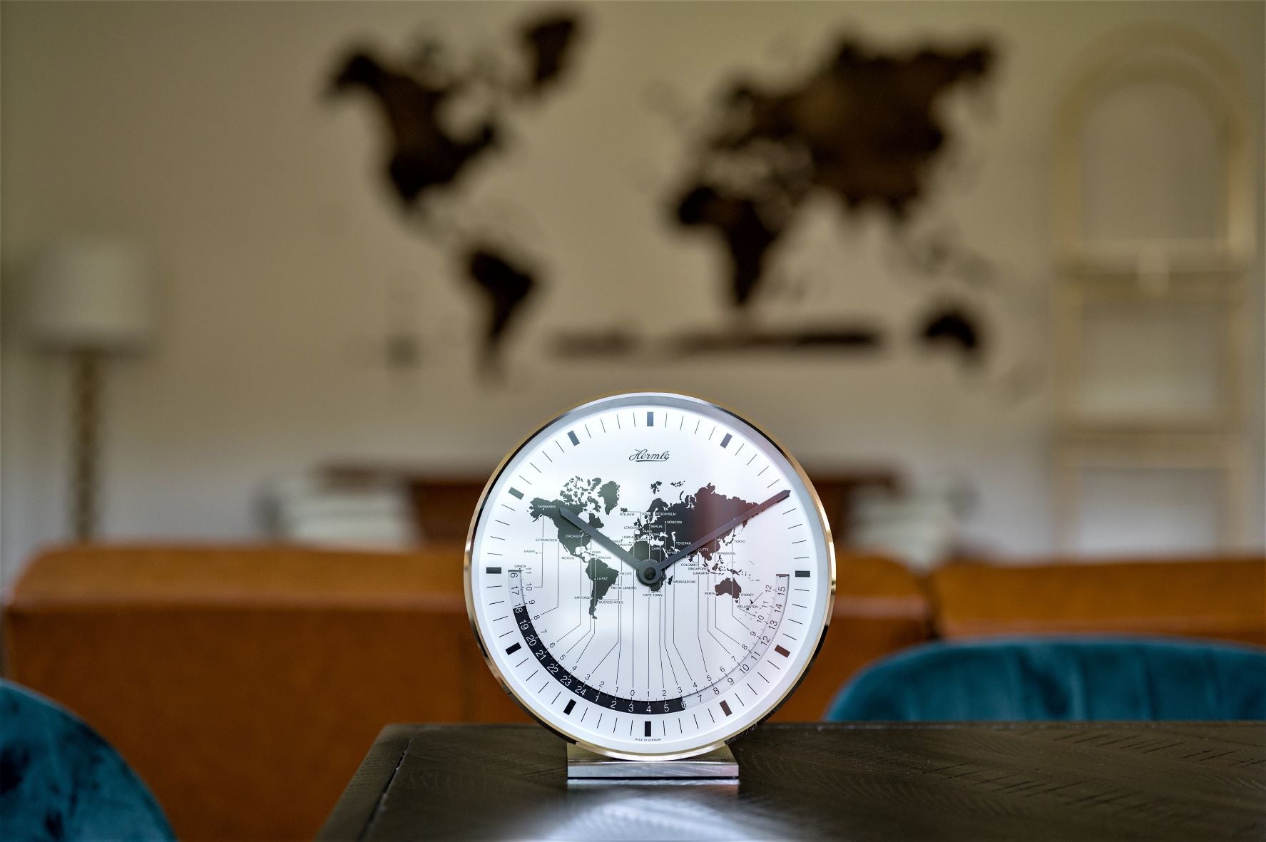 World Brass Clock Timezone Table Modern Map Buffalo
